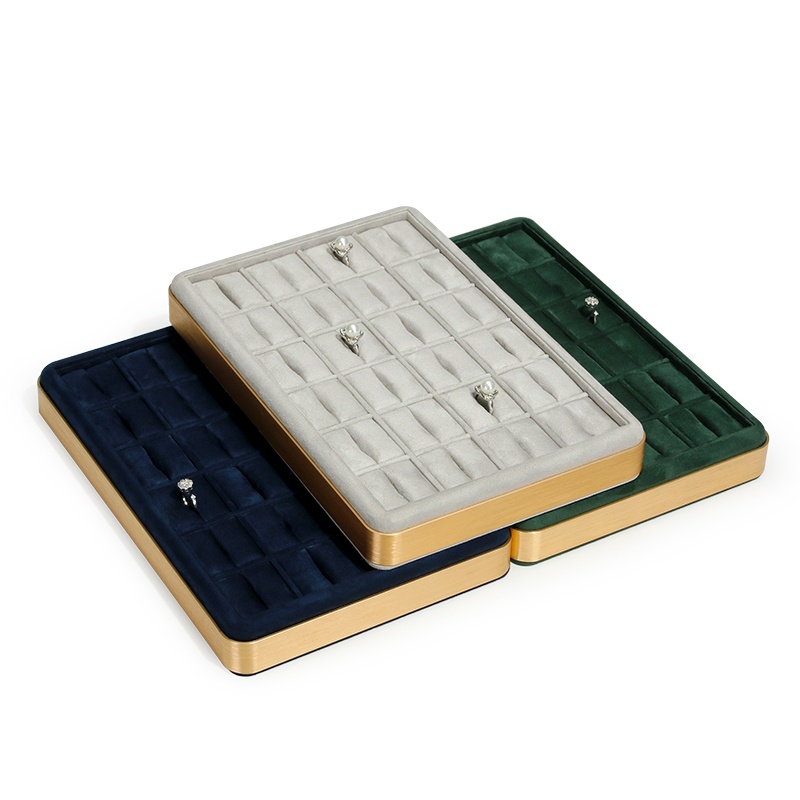 Velvet Jewelry Box - ถาดจัดเก็บเครื่องประดับแบบมีโครงโลหะและบุด้วยกำมะหยี่สำหรับโชว์แหวน ถาดจัดระเบียบแหวนแฟชั่น สีเทา ชมพู ฟ้า เขียว