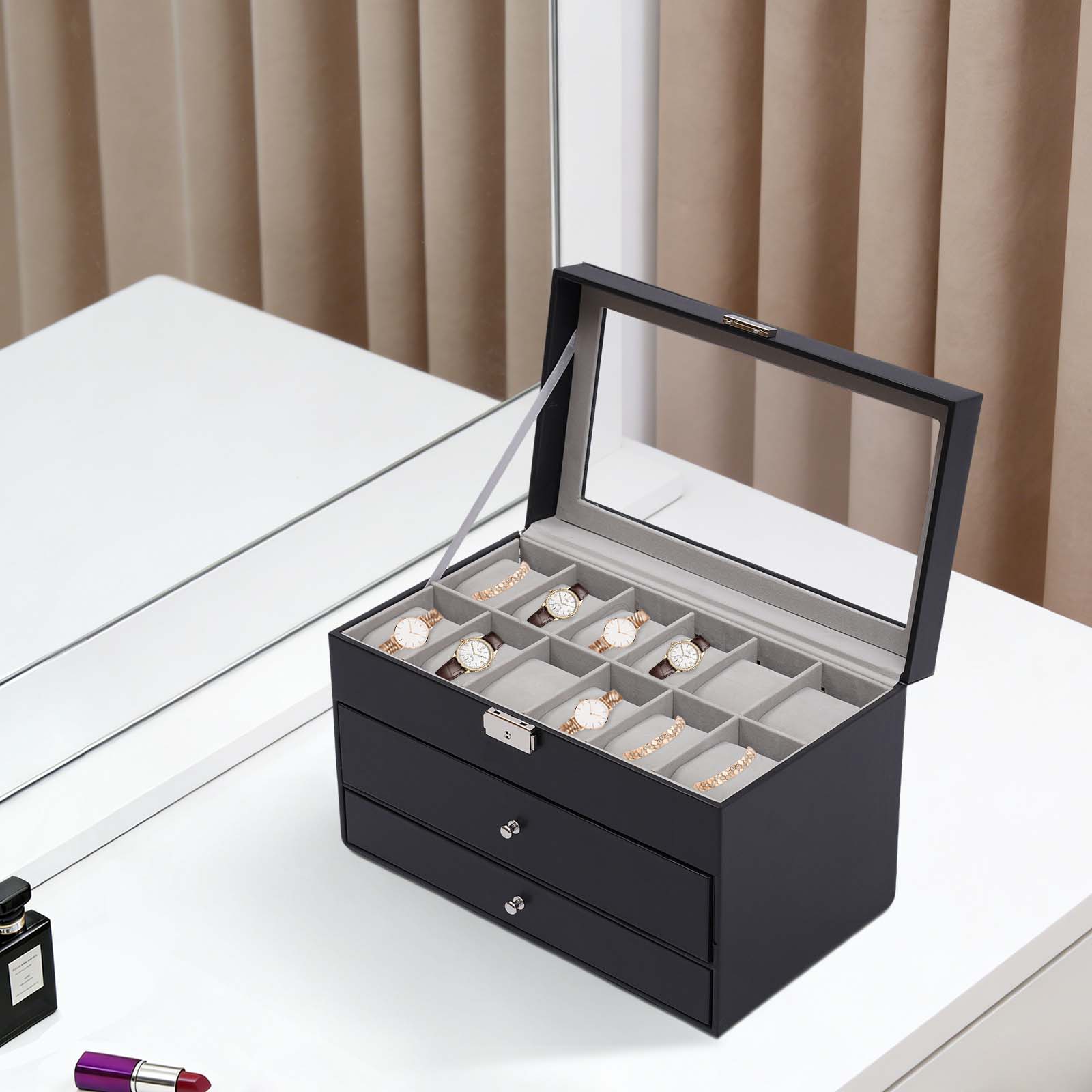 Velvet Jewelry Box - กล่องเก็บของแบบตั้งโต๊ะ 3 ชั้น สีดำ พร้อมช่องใส่นาฬิกา 12