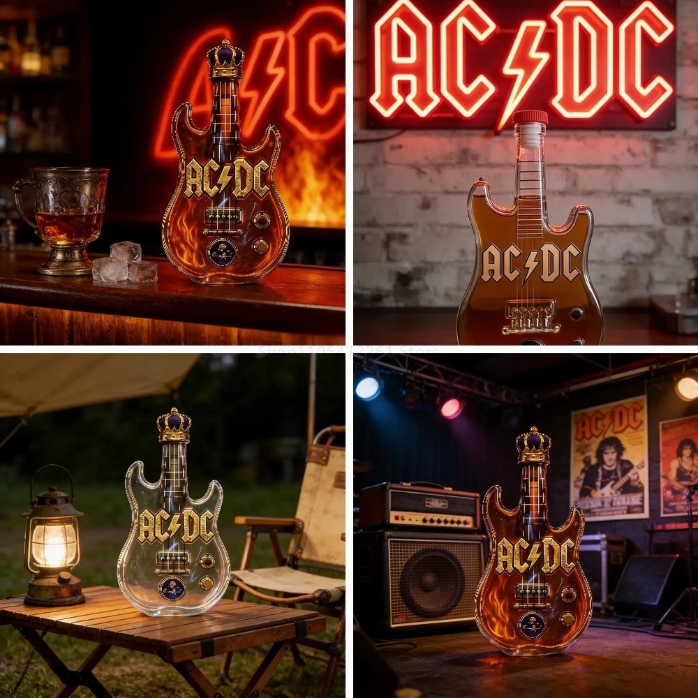 Glass Decanter Whiskey - ขวดเหล้าวิสกี้รูปทรงกีตาร์ไฟฟ้าสไตล์ AC/DC พร้อมฝาปิดแบบมงกุฎ ขวดแก้วดีไซน์สร้างสรรค์ เหมาะเป็นของขวัญสำหรับแฟนร็อคและบาร์